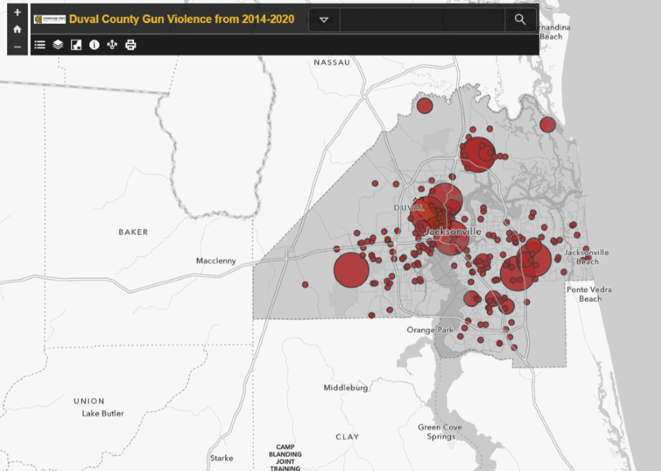 Duval Gun Violence from 2014-2020 Map