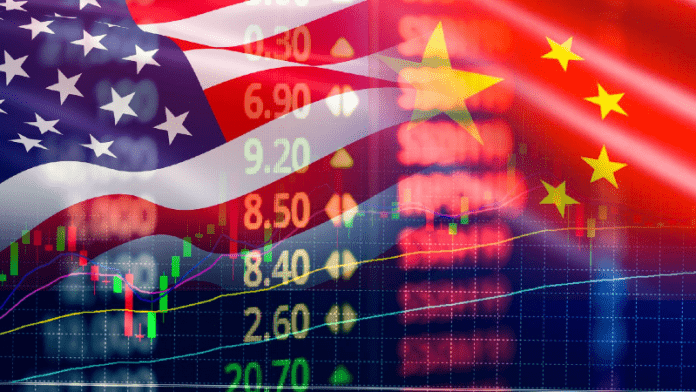 american flag with stock ticker next to chinese flag